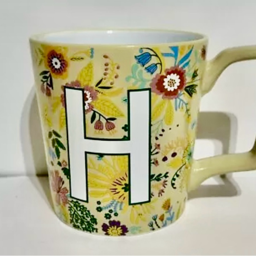 Coffee Mug Cup Ceramic Yellow Handle Floral Letter H Kirkland’s Home 4x5.5x4